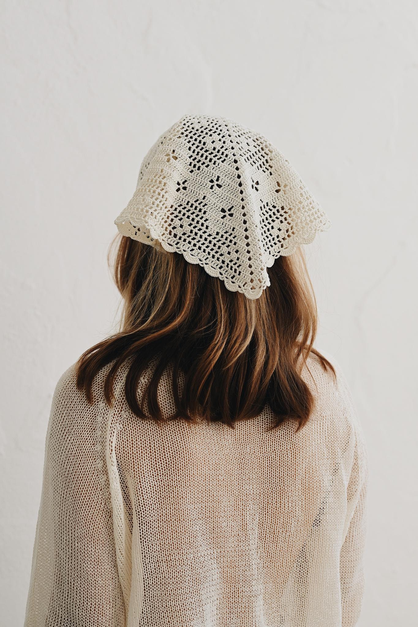 Handcrafted Cotton Lace Headwrap: Beige Kerchief Scarf