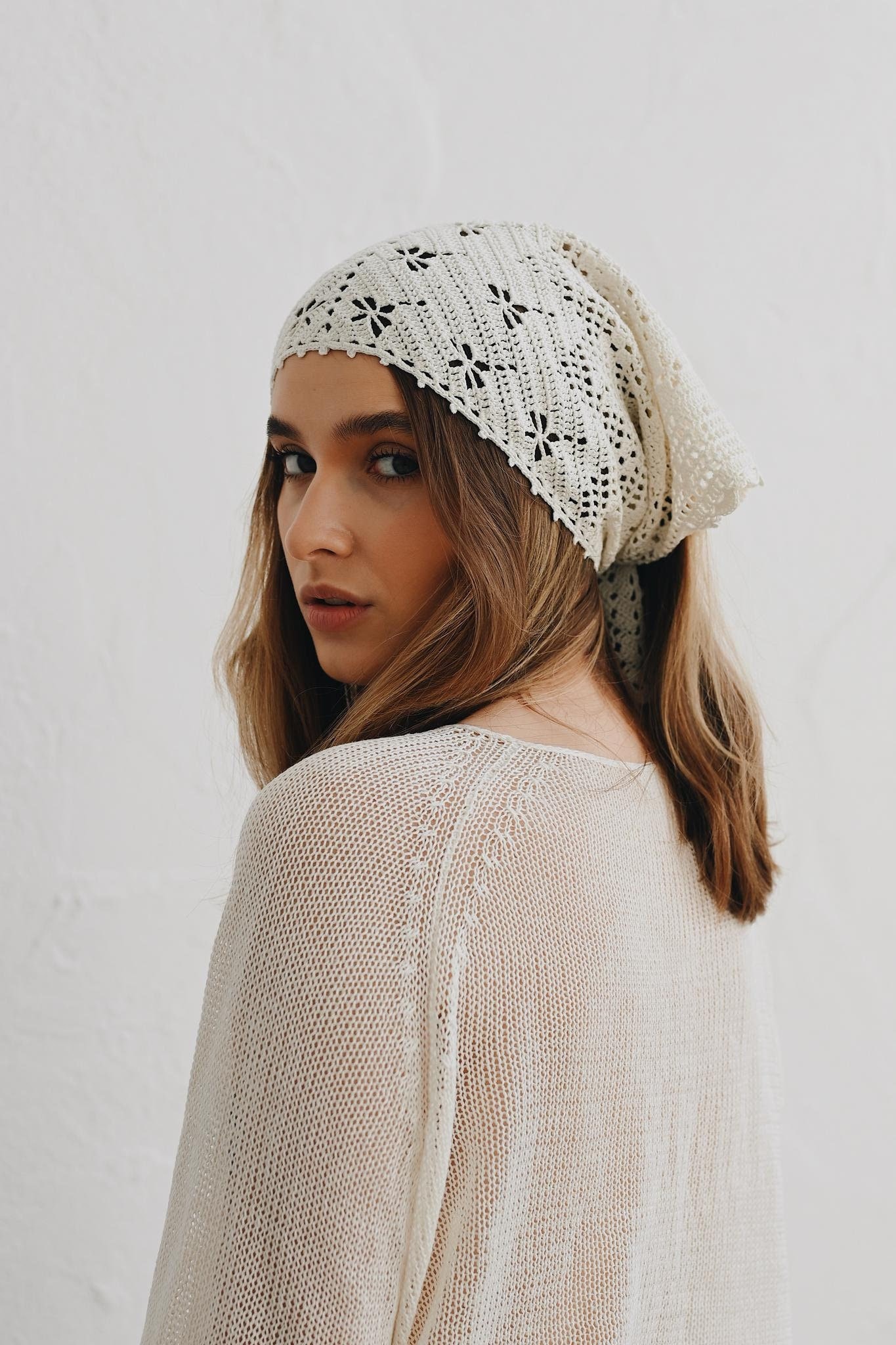 Handcrafted Cotton Lace Headwrap: Beige Kerchief Scarf