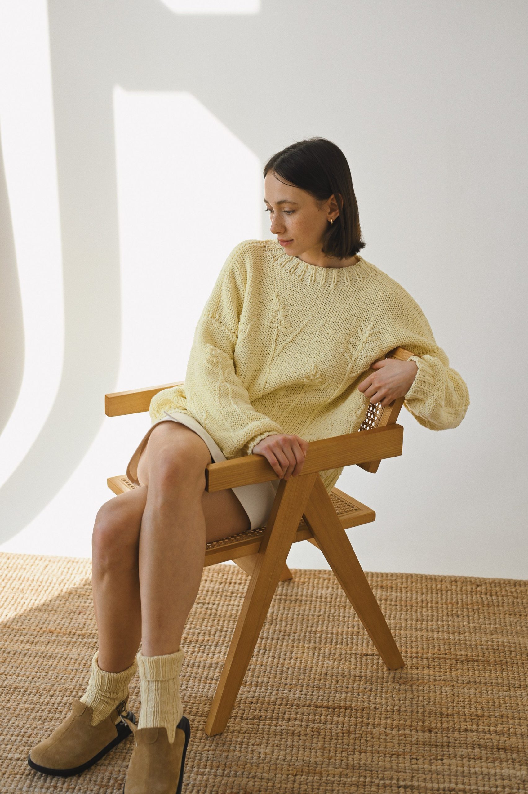 Hand-embroidered Yellow Floral Cotton Sweater - Chunky Knit Pullover