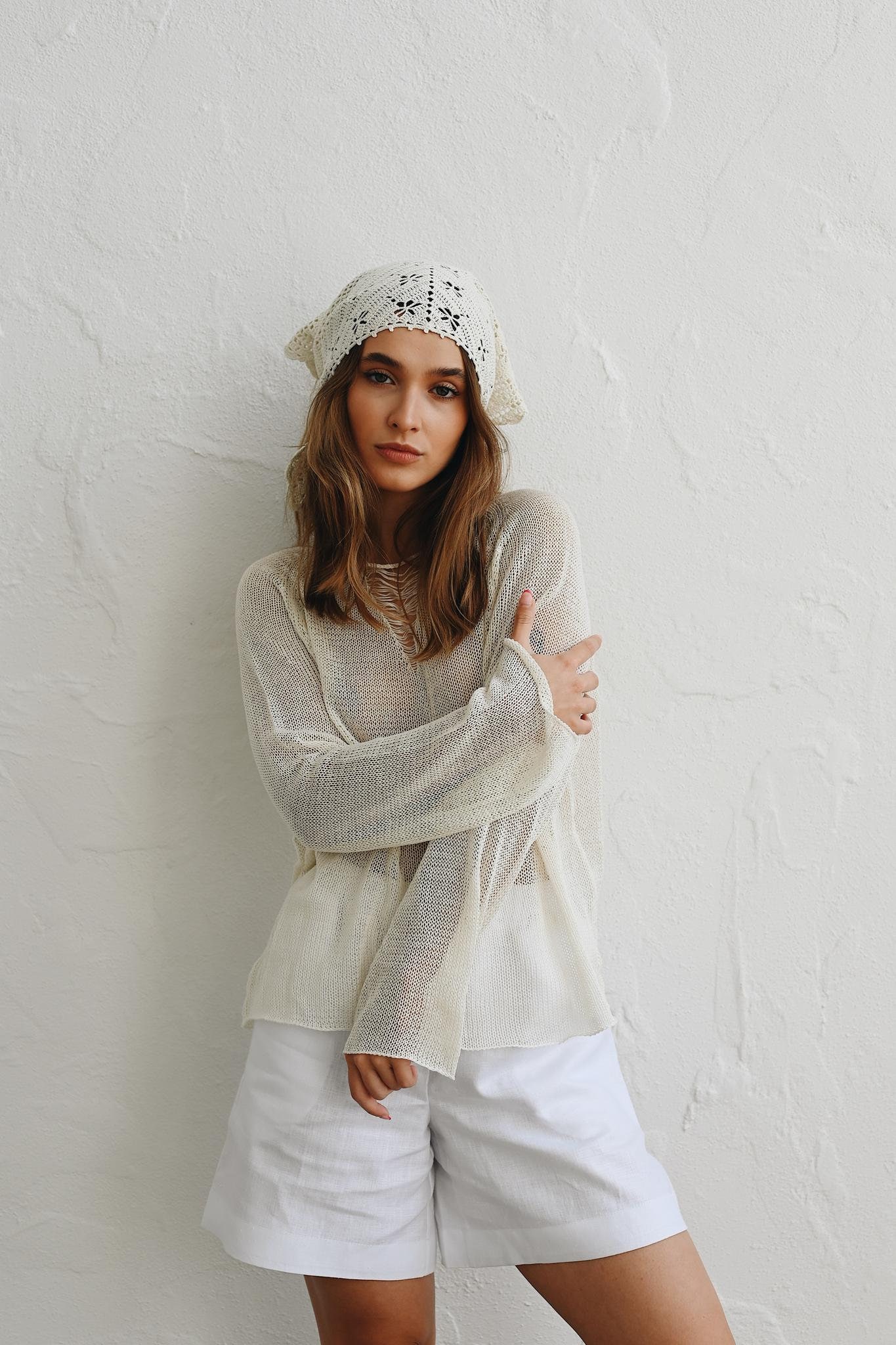 Handcrafted Cotton Lace Headwrap: Beige Kerchief Scarf