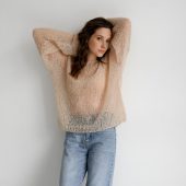 Hand-knitted Olive Mohair Pullover: Lightweight Fuzzy Sweater