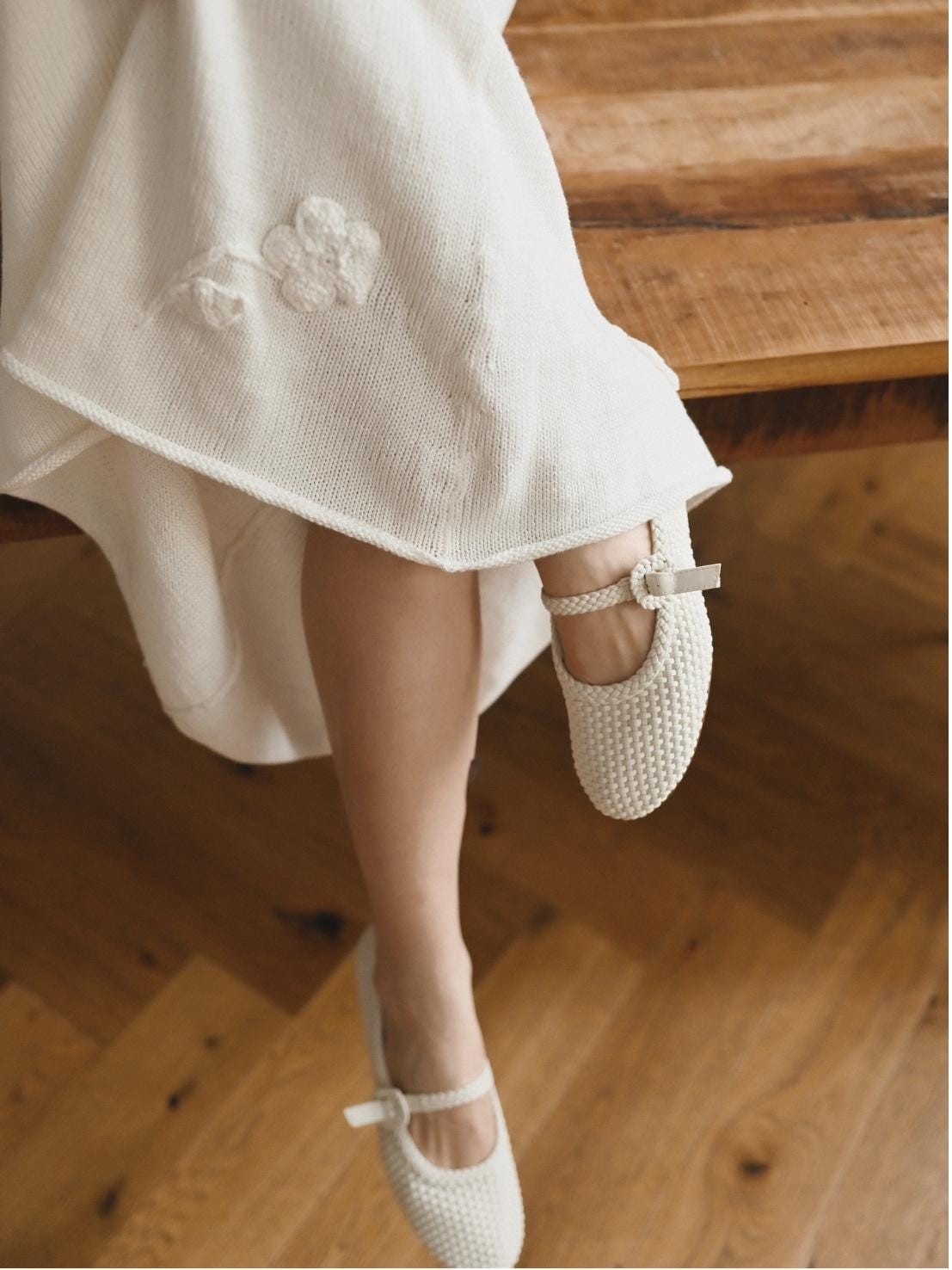 White Handmade Knitted Dress With Crochet Flowers - Long Women's Dress