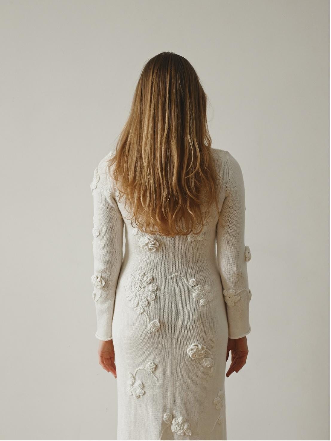 White Handmade Knitted Dress With Crochet Flowers - Long Women's Dress