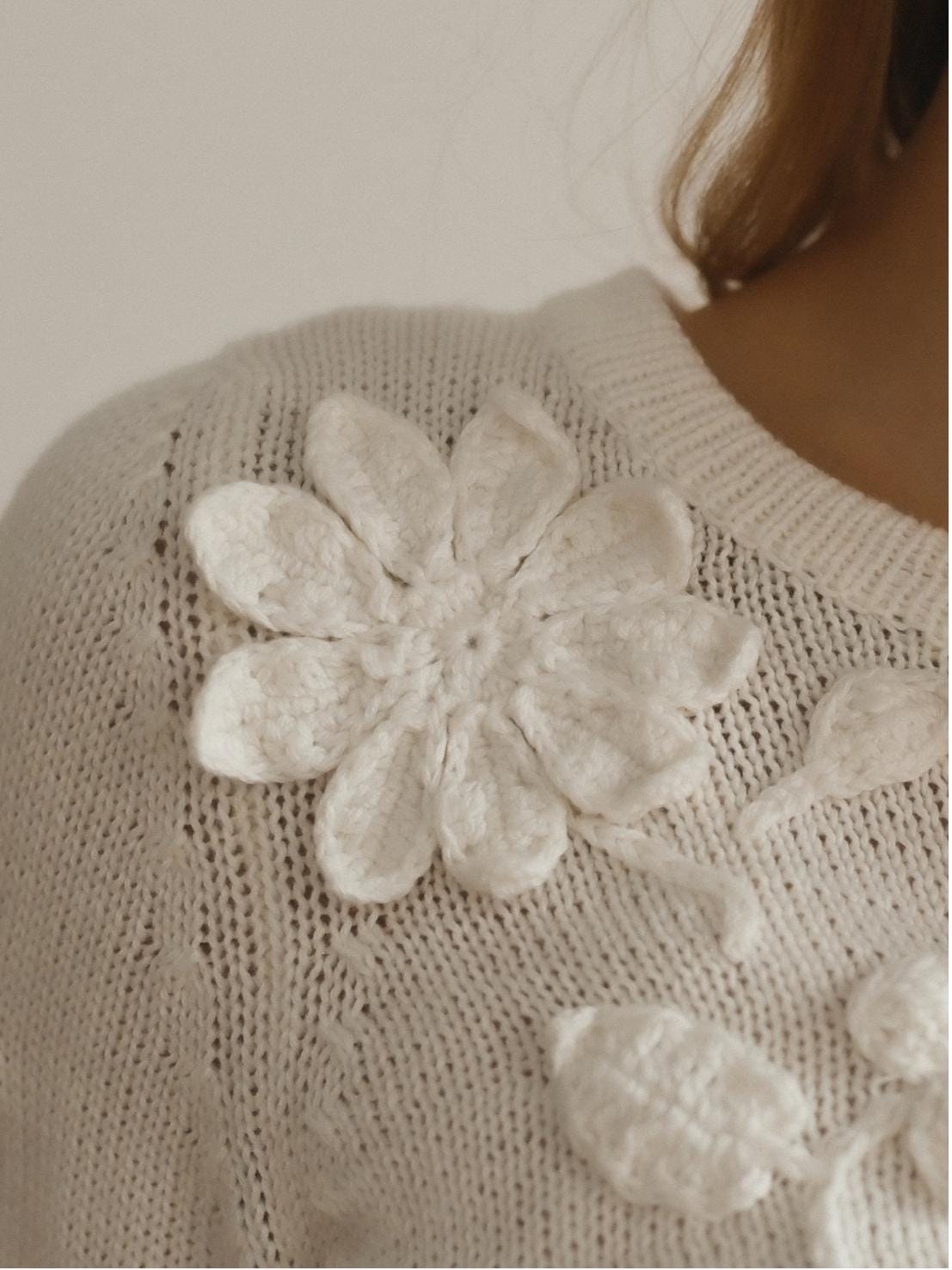 White Handmade Knitted Dress With Crochet Flowers - Long Women's Dress