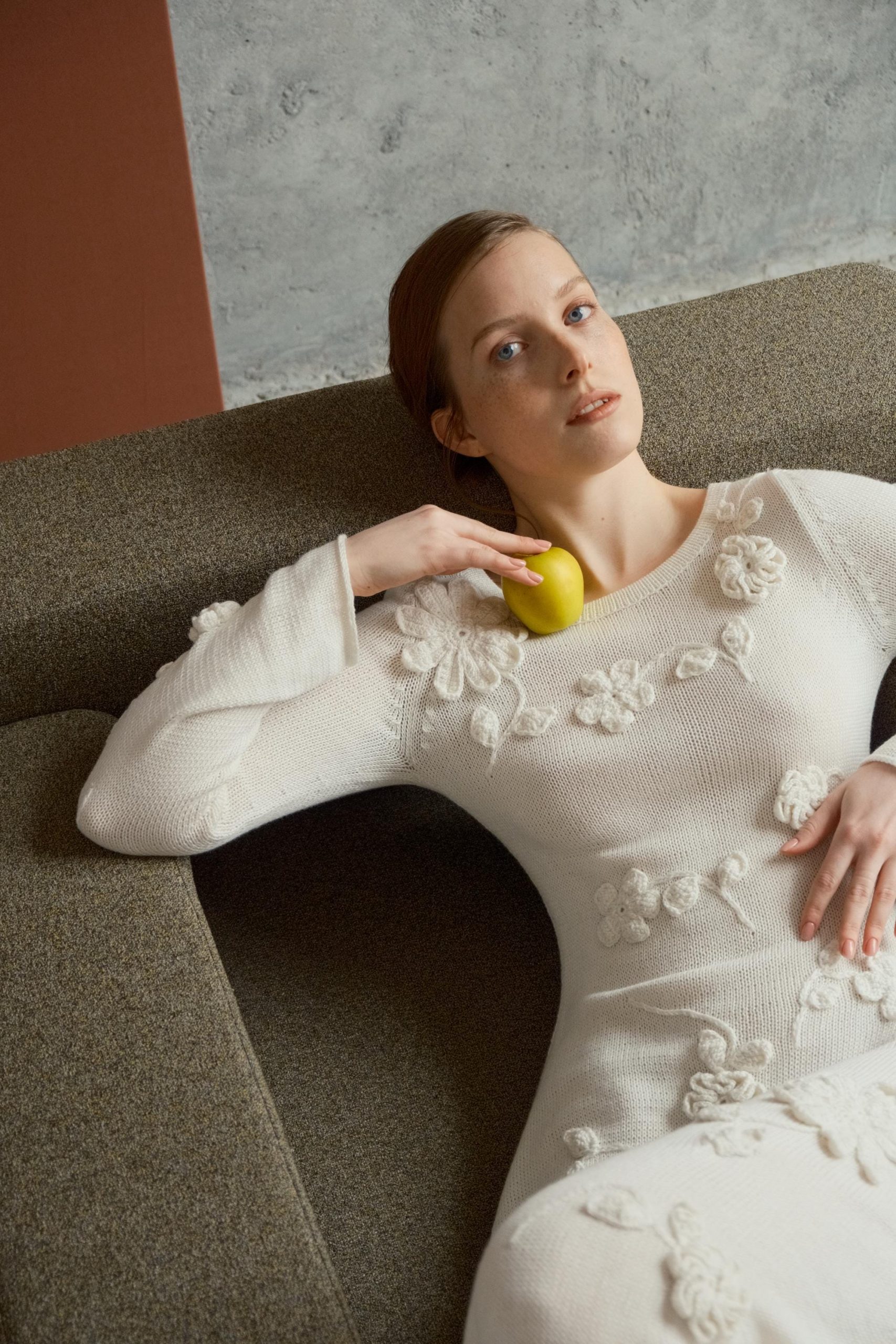 White Handmade Knitted Dress With Crochet Flowers - Long Women's Dress