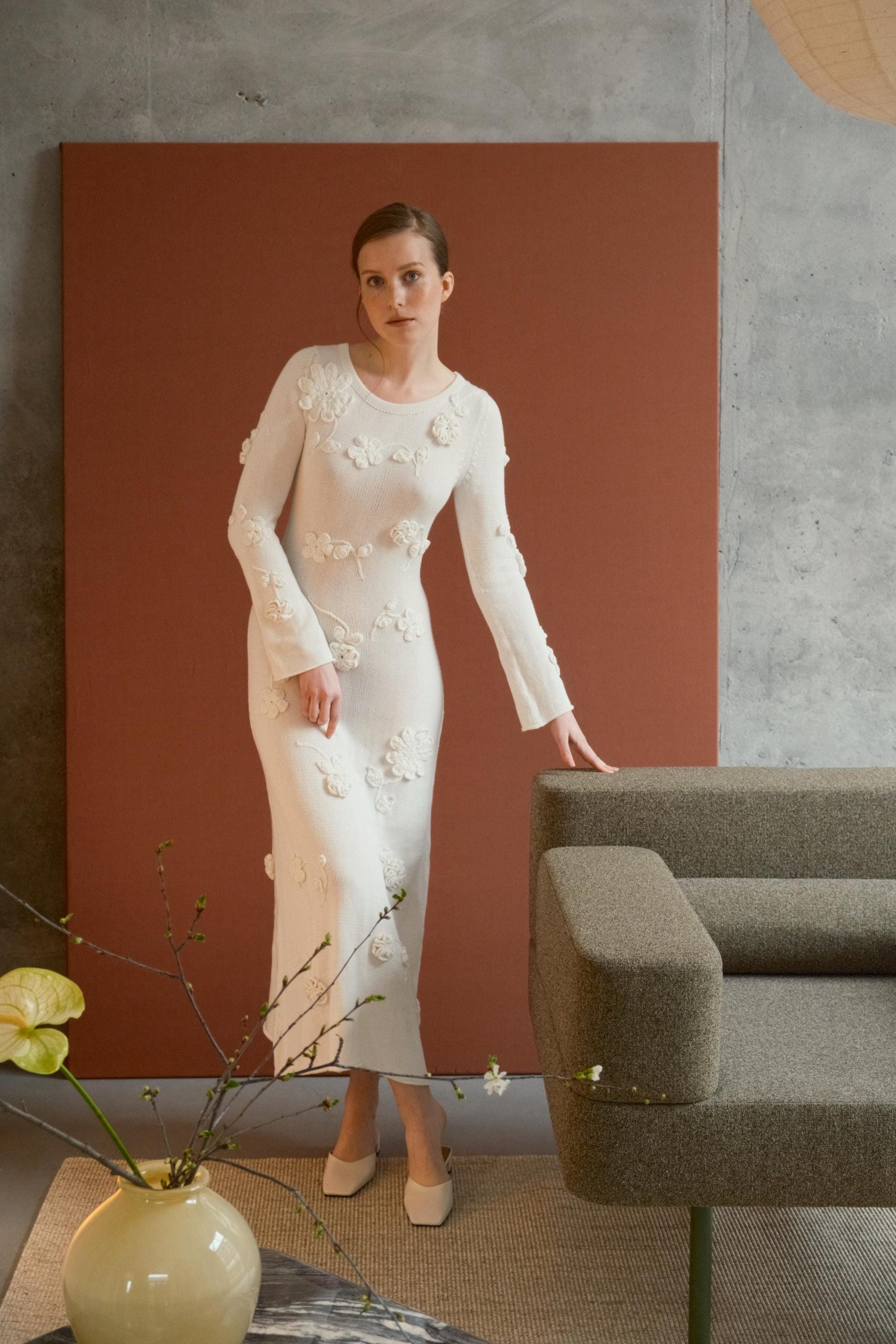 White Handmade Knitted Dress With Crochet Flowers - Long Women's Dress