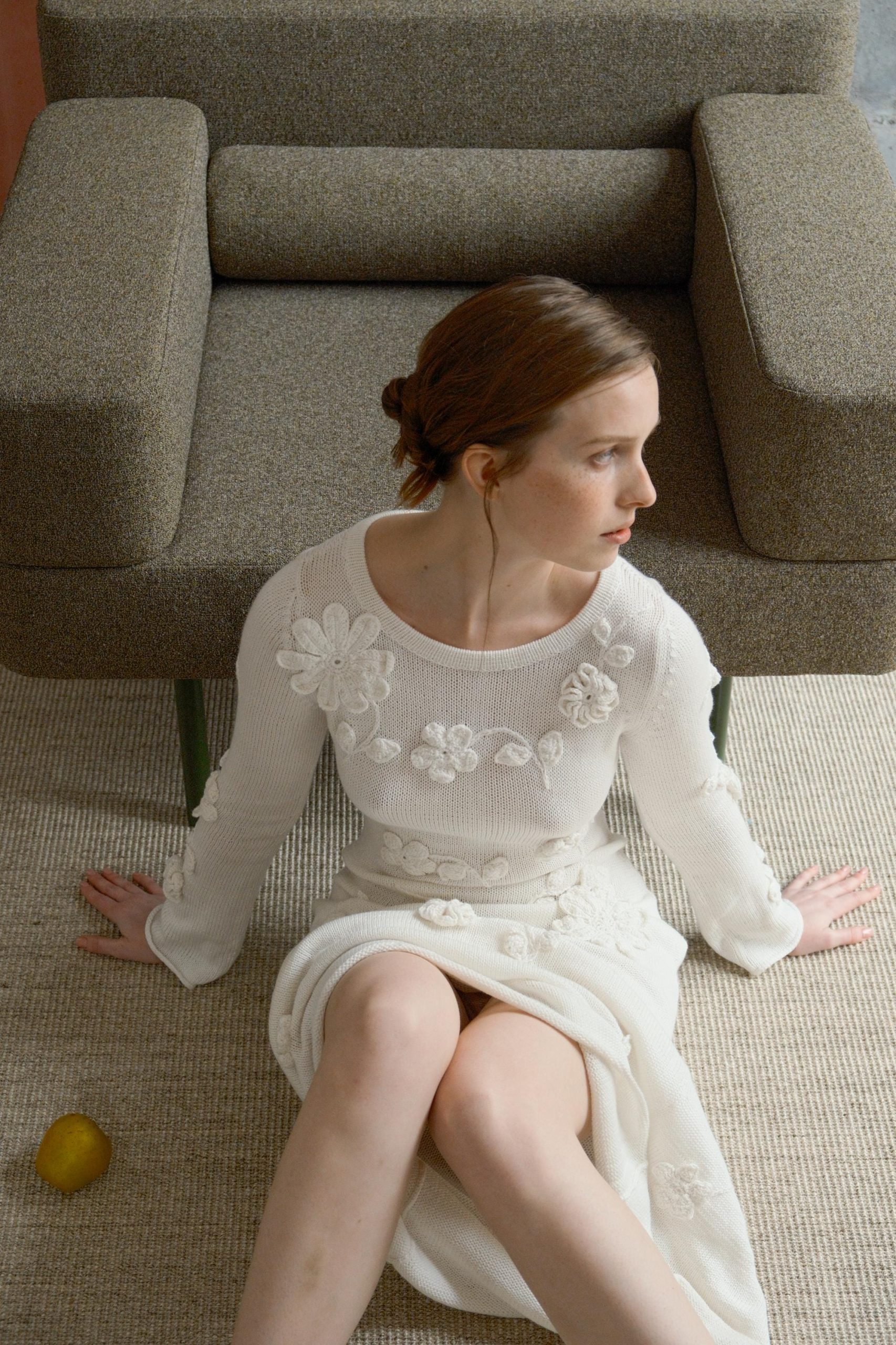 White Handmade Knitted Dress With Crochet Flowers - Long Women's Dress