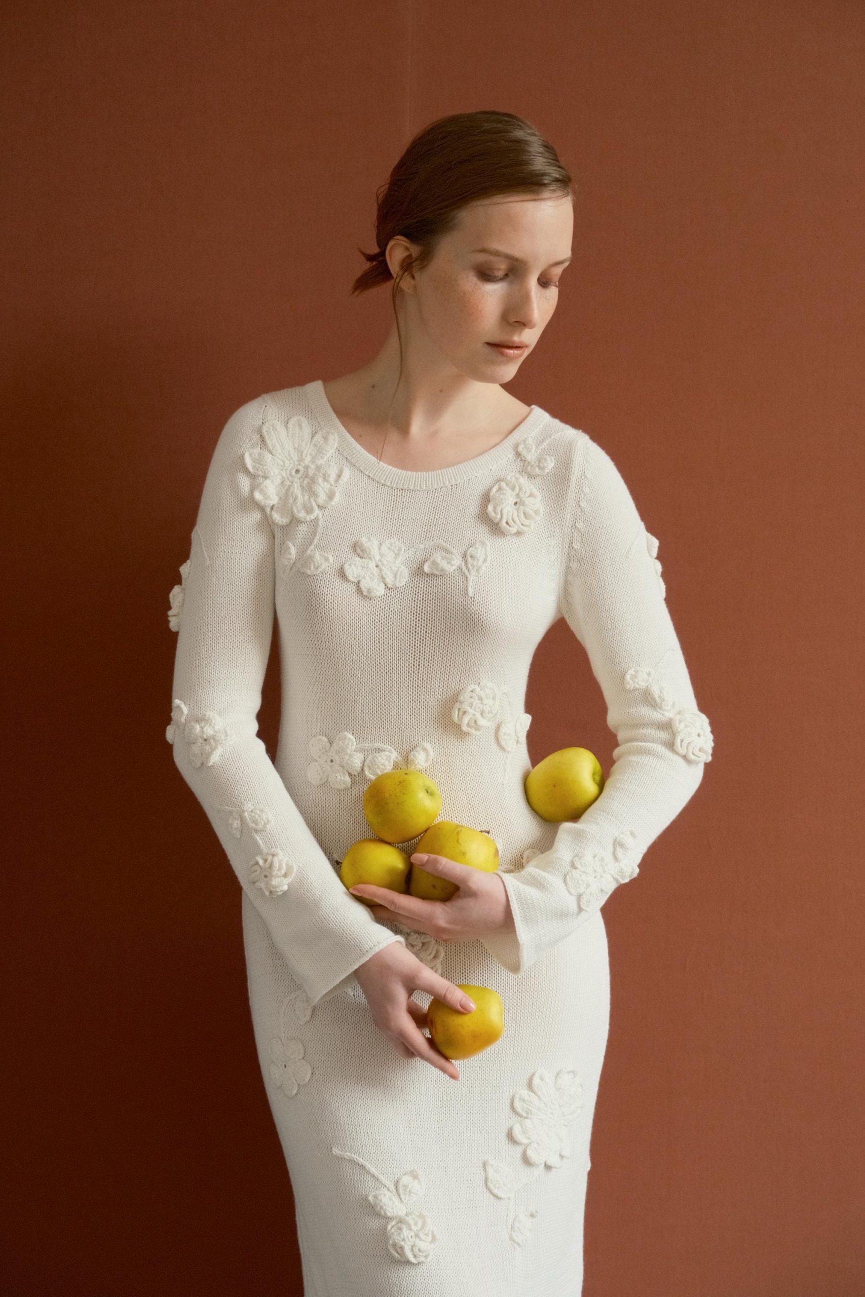 White Handmade Knitted Dress With Crochet Flowers - Long Women's Dress