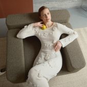 White Handmade Knitted Dress With Crochet Flowers - Long Women's Dress