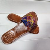 Handmade Moroccan Leather Sandals For Women – Vrai Cuir Marrakech – Colorful Woven Strap – Boho Summer Slides – Artisan Leather Shoes