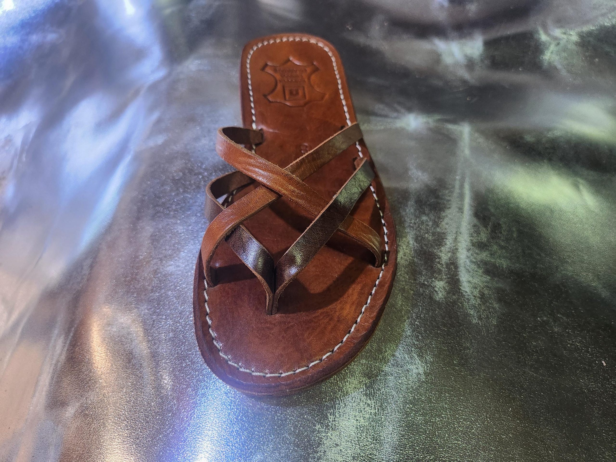 Handmade Moroccan Brown Leather Sandals For Women – Cross Strap Flat Slides – Boho Summer Shoes – Genuine Leather Artisan Footwear –