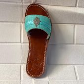 Handmade Moroccan Women Sandals – Turquoise Strap With Hamsa Charm | Leather Flats