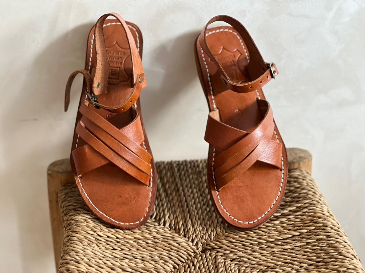 Handmade Moroccan Brown Leather Sandals – Cross Strap Flat Slides Women